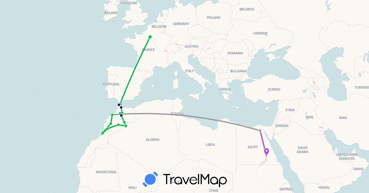 TravelMap itinerary: driving, bus, plane, train, hiking in Egypt, Spain, France, Gibraltar, Morocco (Africa, Europe)